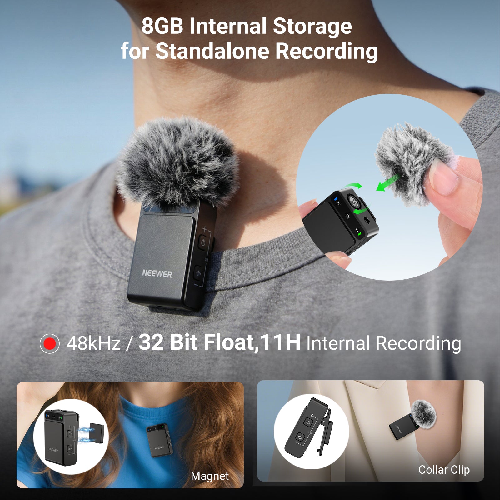 TX supports 8GB internal recording, automatic file splitting and USB C export.