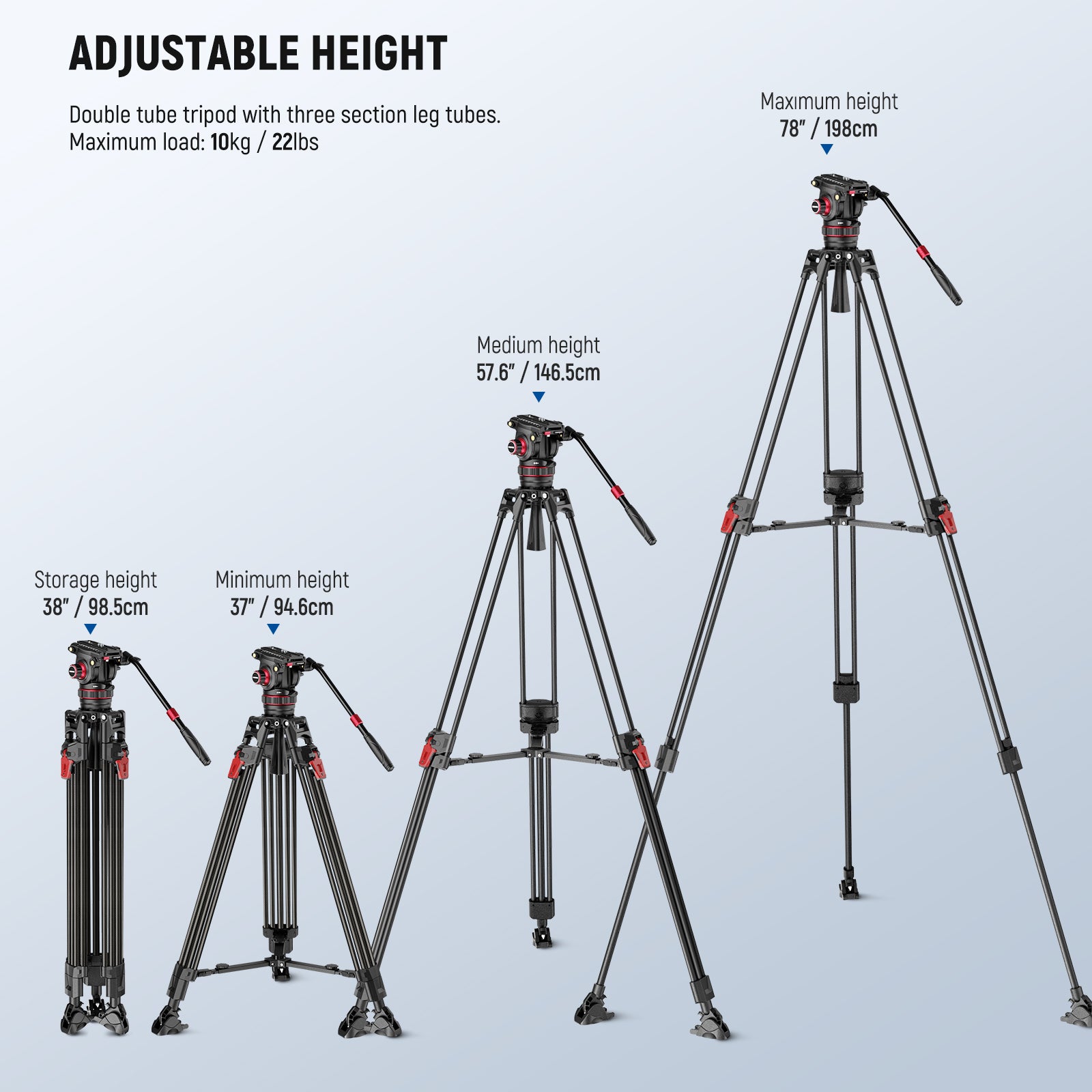 NEEWER LL37 Carbon Fiber Video Tripod can be extended from 37" to 78".