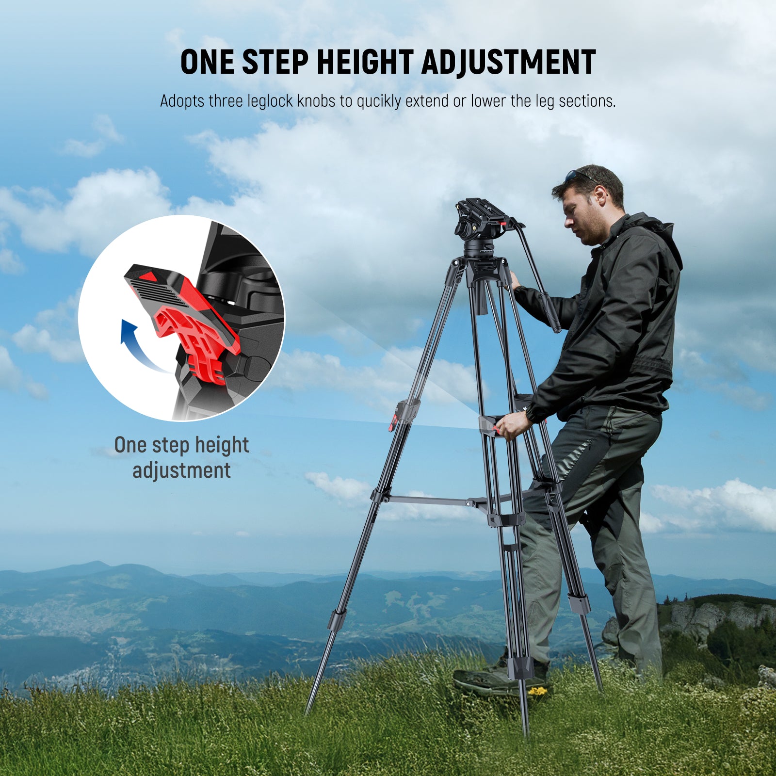 NEEWER LL27 Video Camera Tripod supports one-step height adjustment.