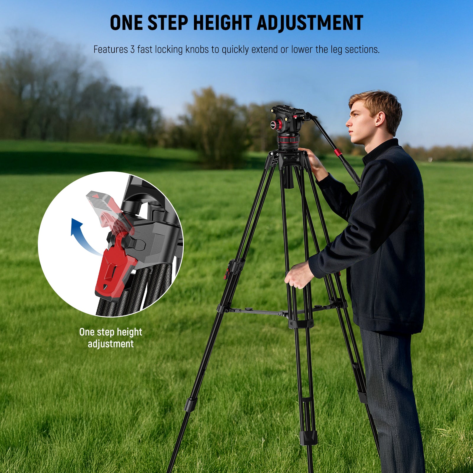 NEEWER LL37 Carbon Fiber Video Tripod features 3 fast locking knobs.