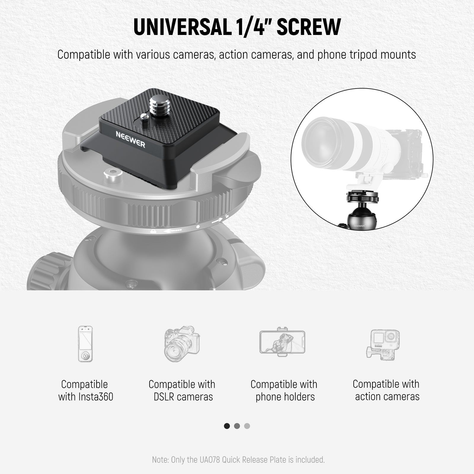 This quick release plate attachment has standard 1/4" mounting screw