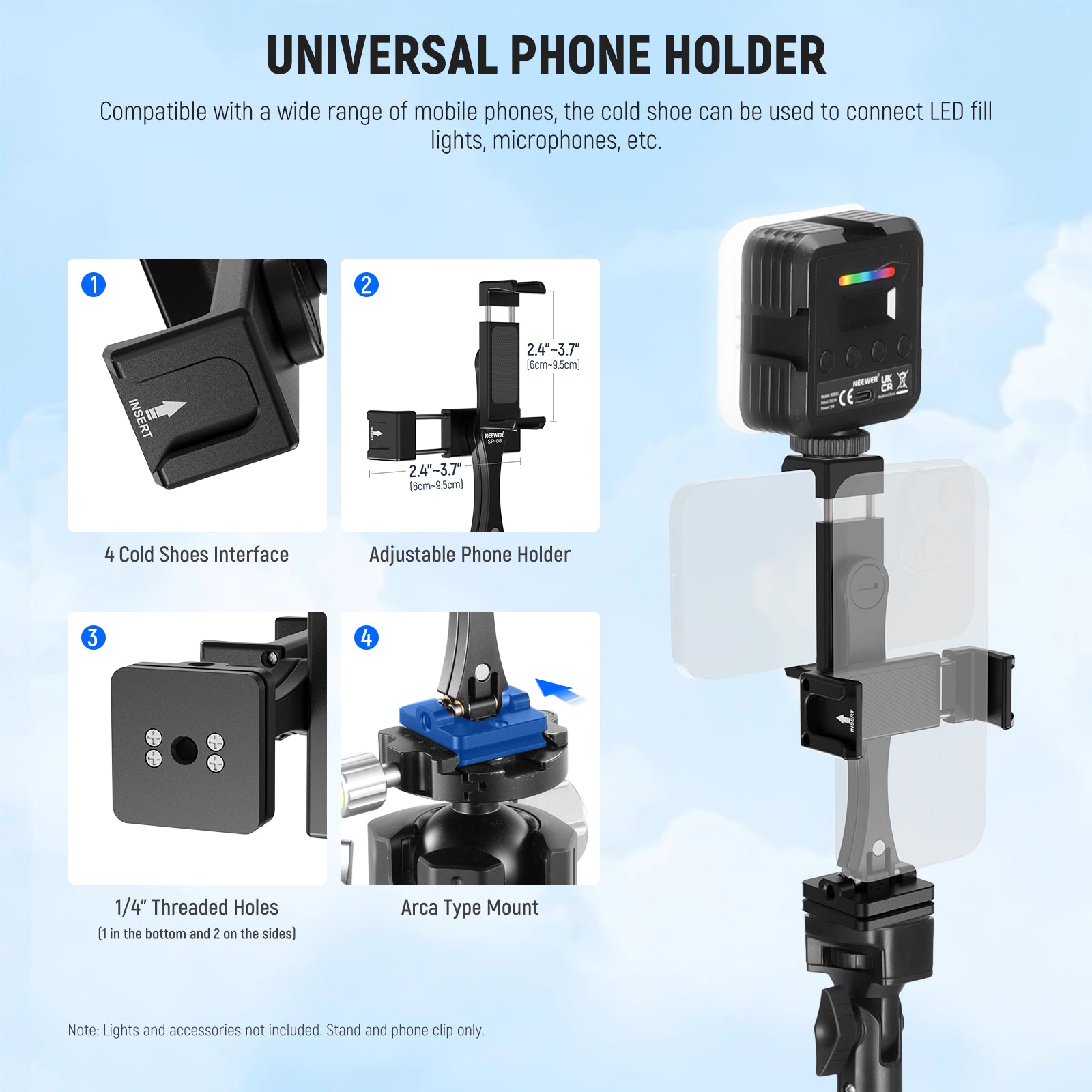 NEEWER ST155+SP-08 Phone Tripod Light Stand kit includes a universal phone holder.