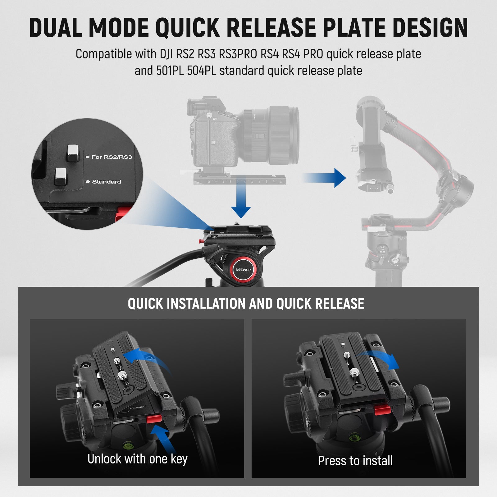NEEWER LL27 Video Camera Tripod features dual mode quick release plate design.