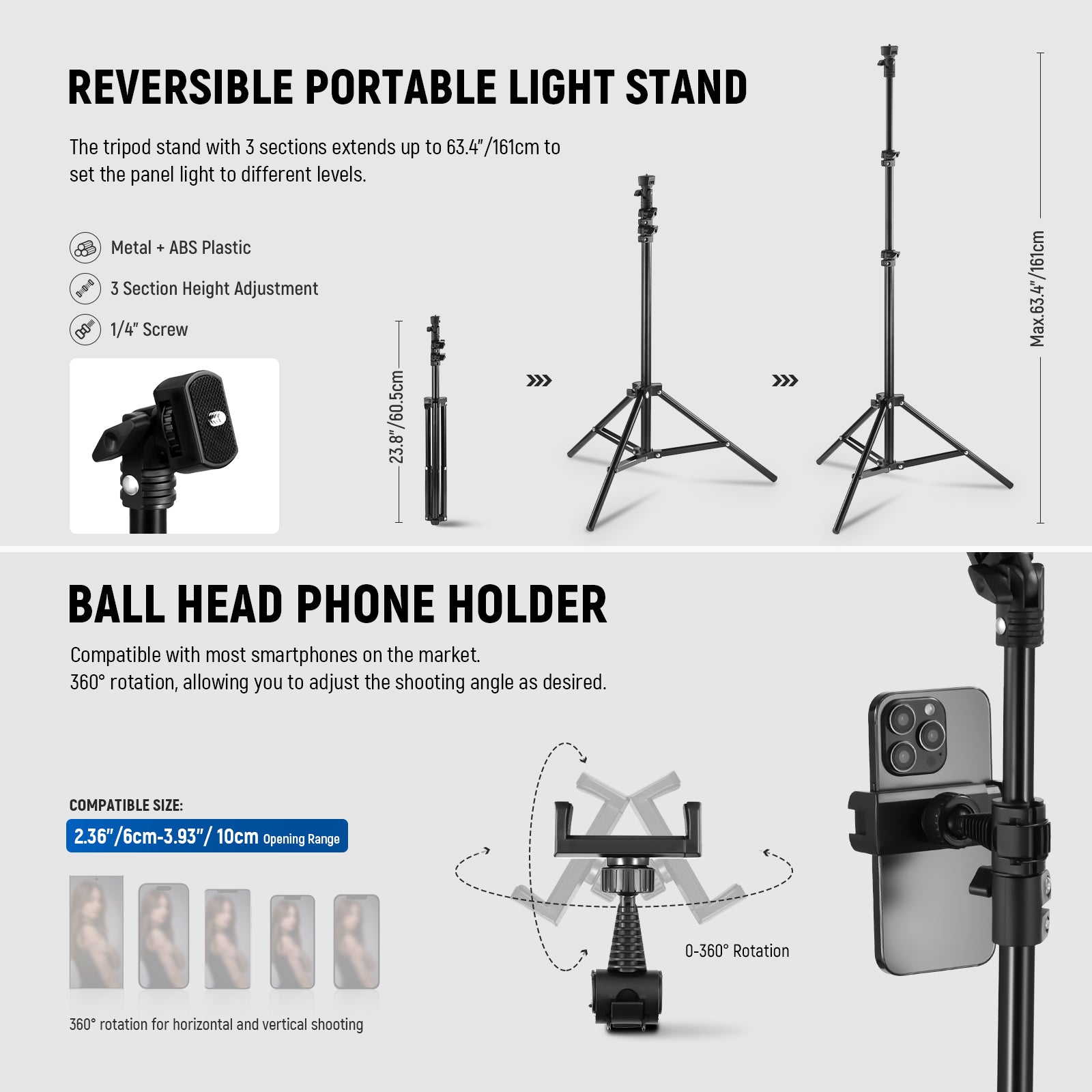 The tripod lighting kit with light stand extends from 36.6"-72.4" and tilts 180°.
