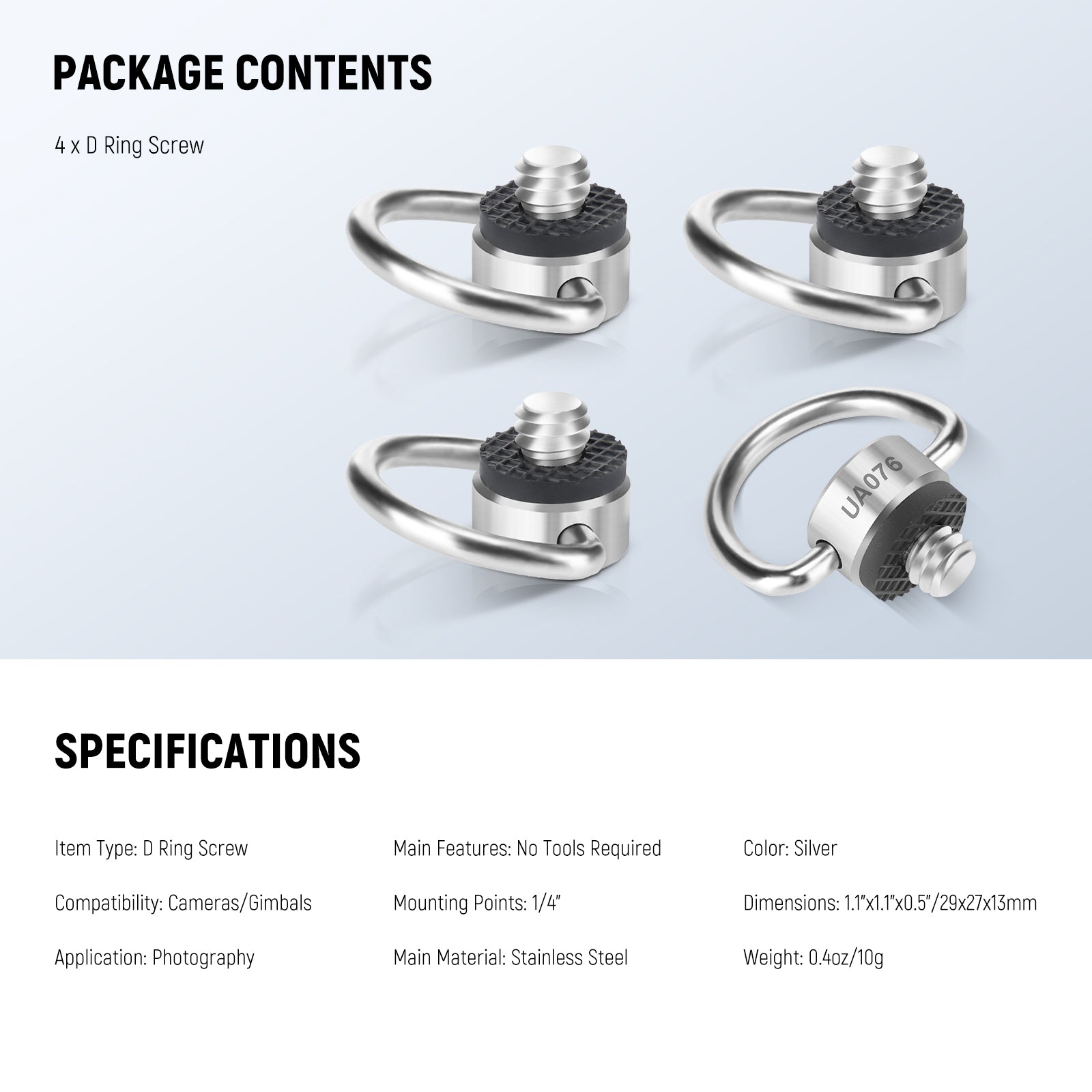 Package Contents of the NEEWER UA076 Stainless Steel 1/4" D Ring Screw Set