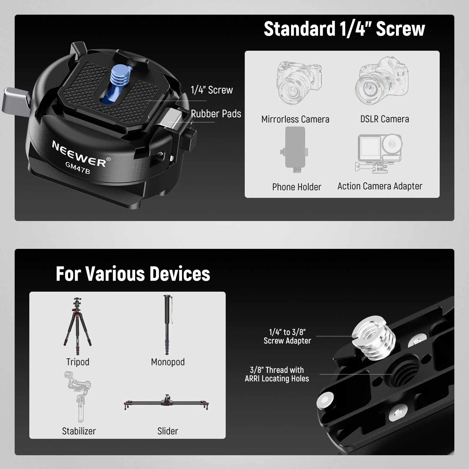 Easily mount equipment to a gimbal stabilizer or tripod head using the 1/4" universal mounting screw.
