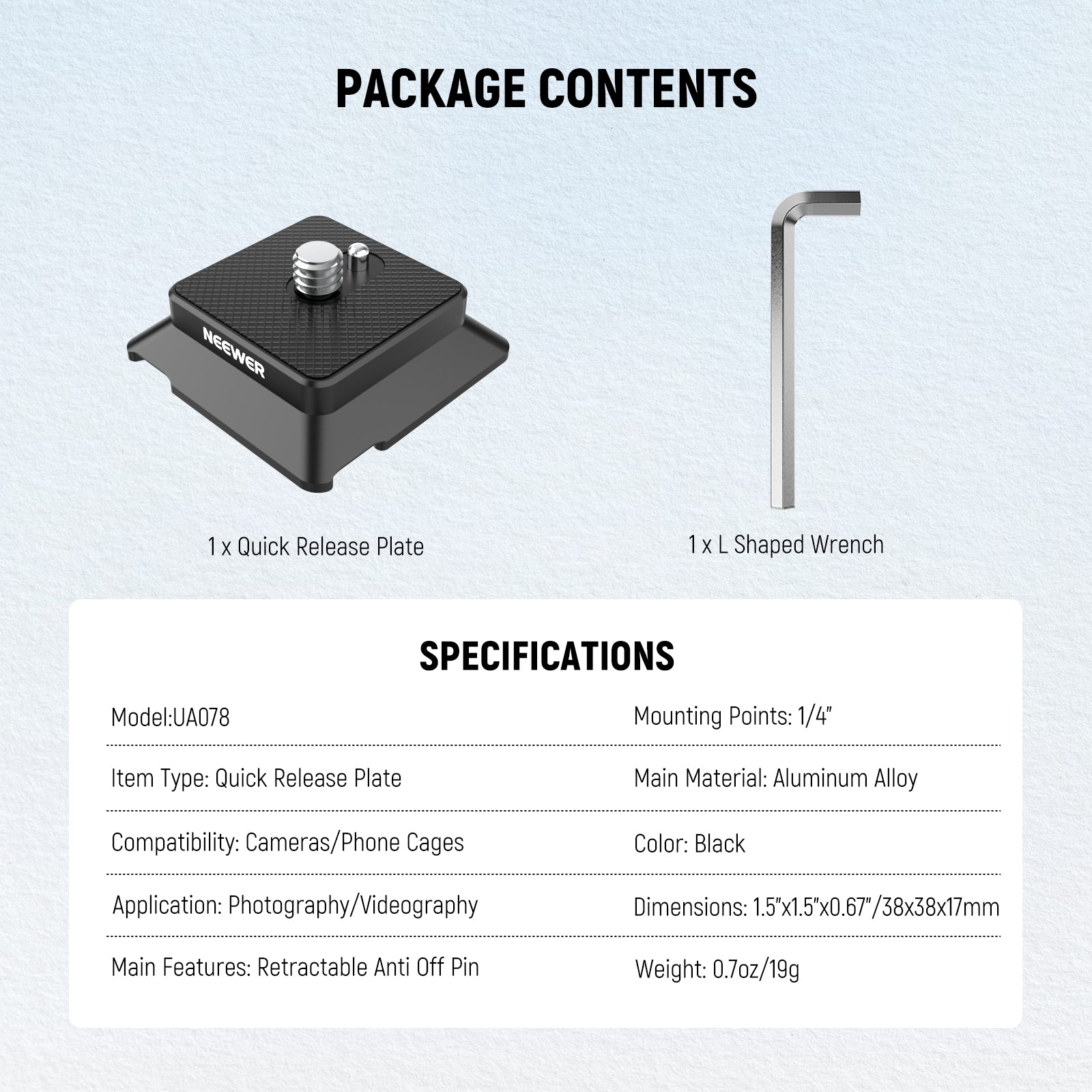 Package Contents of the NEEWER UA078 Arca Type Quick Release Plate Kit