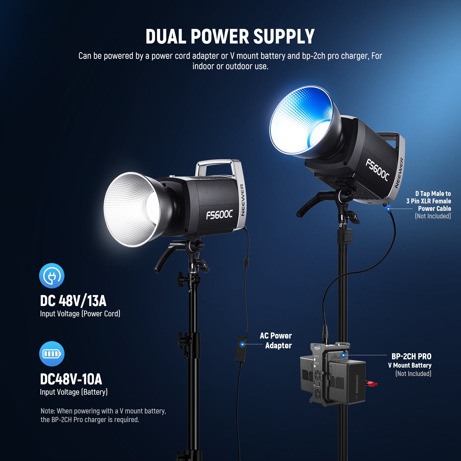 This Bowens mount RGB video light can be powered using the adapter and power cord