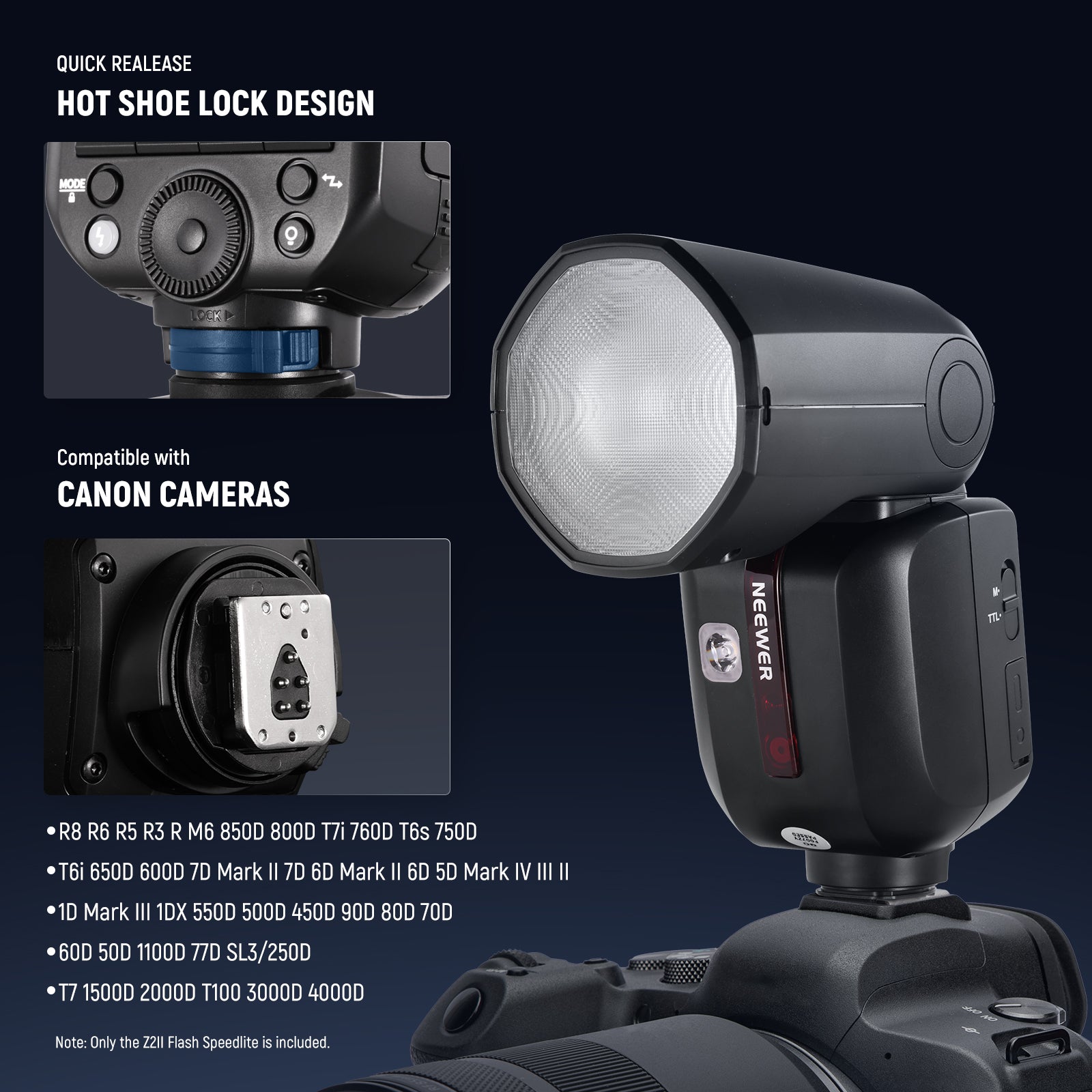NEEWER Z2II Round Head Flash Speedlite features QR hot shoe lock design.