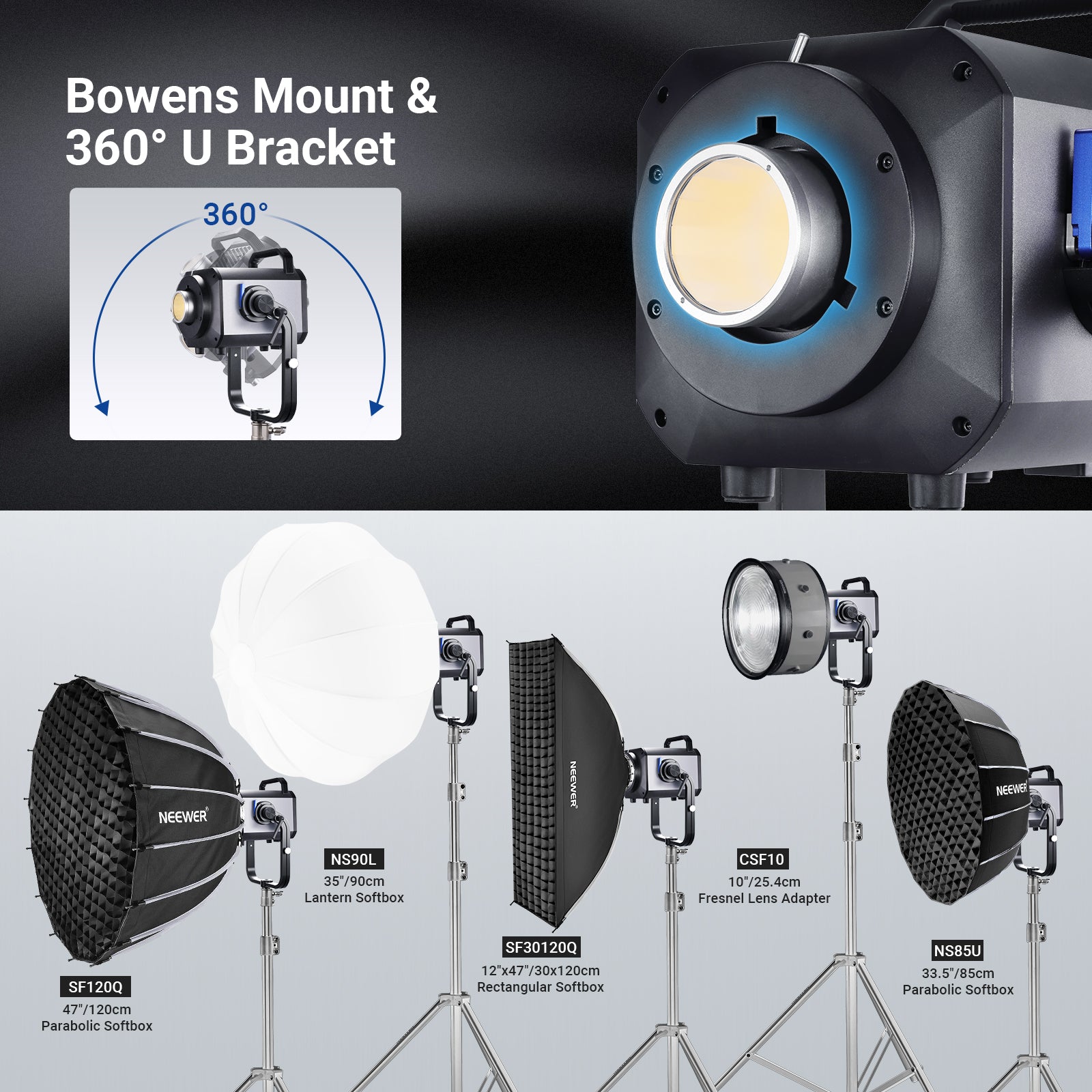 the LED light features a 360° U bracket for flexible positioning.