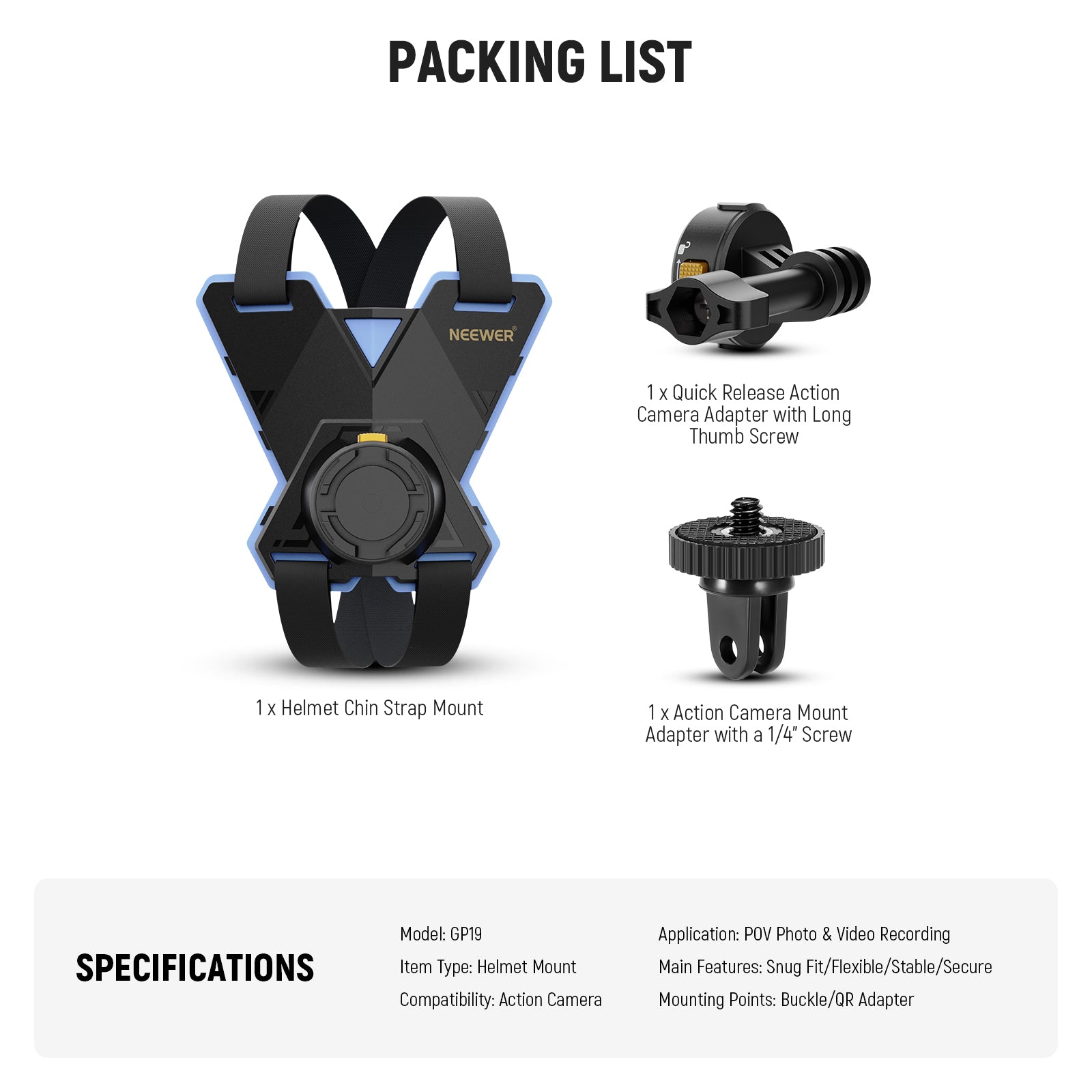 Package Contents of the NEEWER Action Camera Helmet Chin Strap Mount