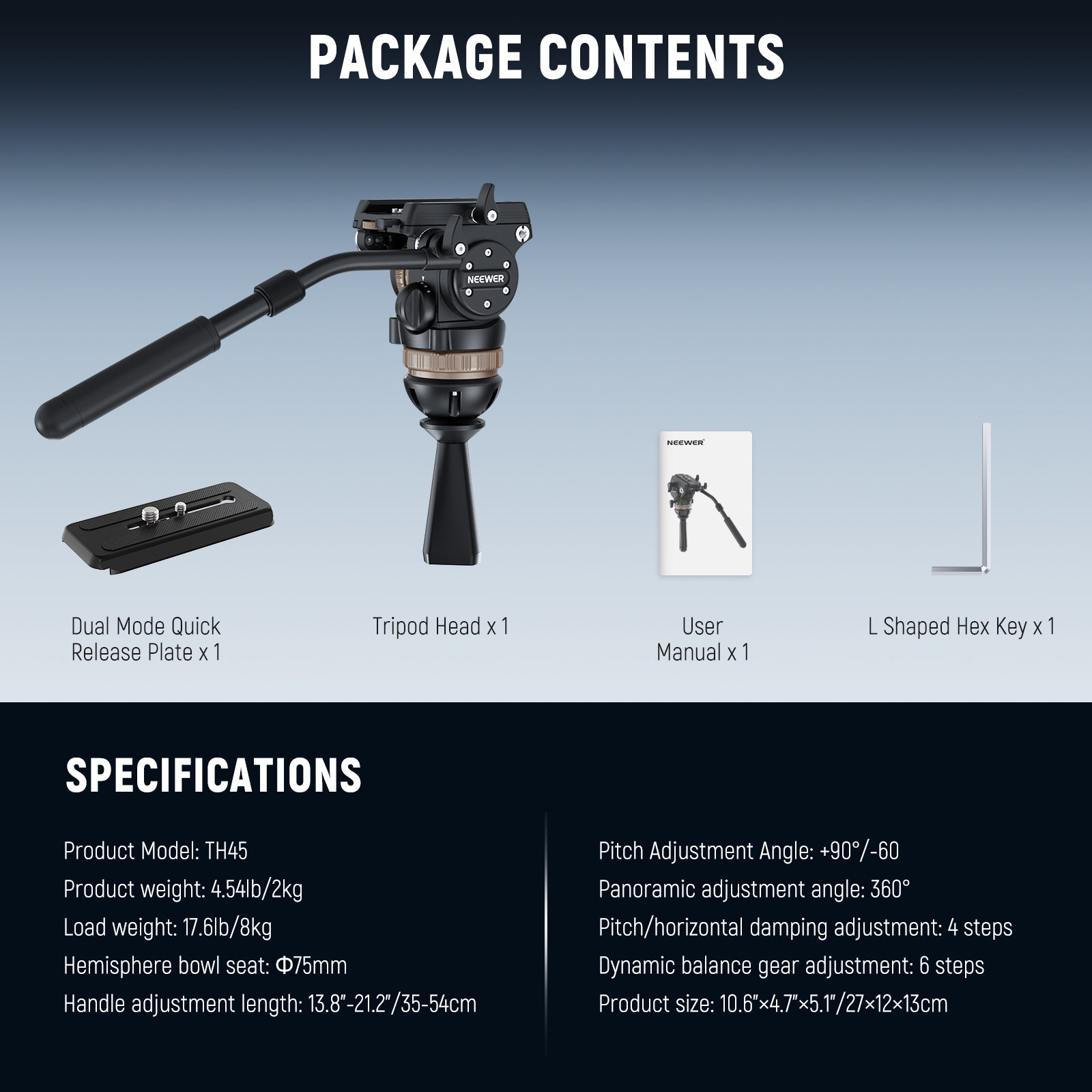 Package Contents of the NEEWER TH45 Tripod Fluid Head with Adjustable Damping