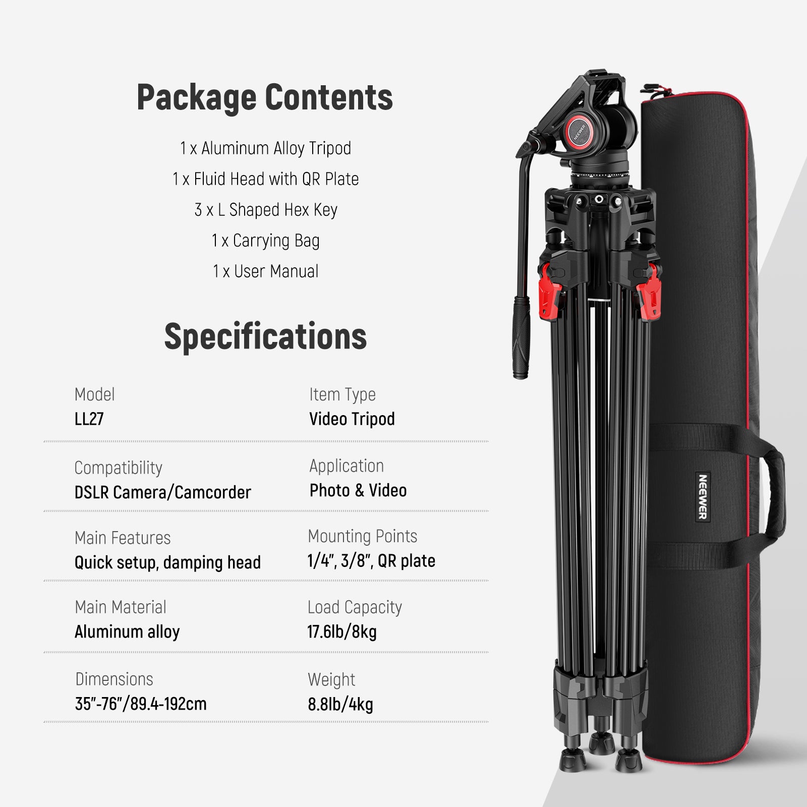 Package Contents of the NEEWER LL27 Video Camera Tripod