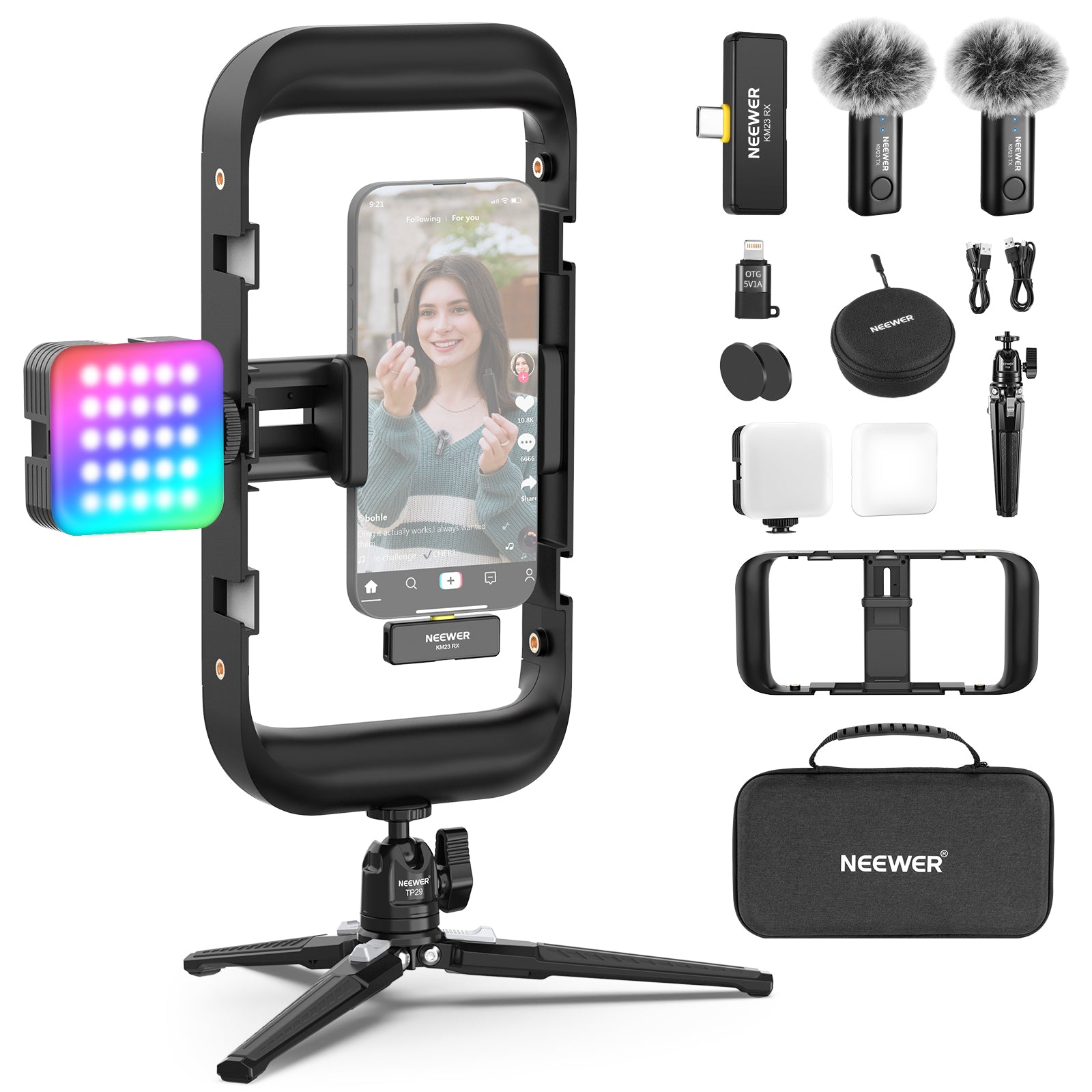 NEEWER PA049 Vlogger Kit with RGB Light/Wireless Mic/Mini Tripod/Phone Cage