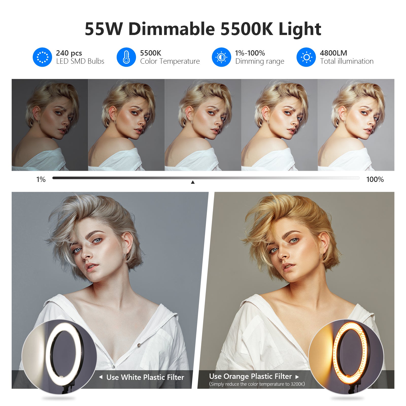 Dimmable 18"/ 48cm LED SMD Ring Light with a wide dimming range from 1%-100%