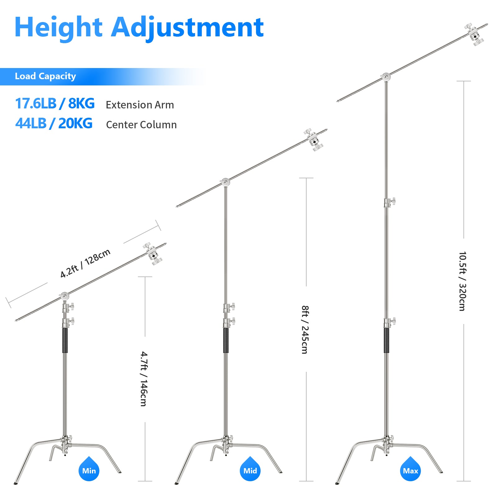 NEEWER SC320 320cm Stainless Steel C Stand supports up to 20kg.