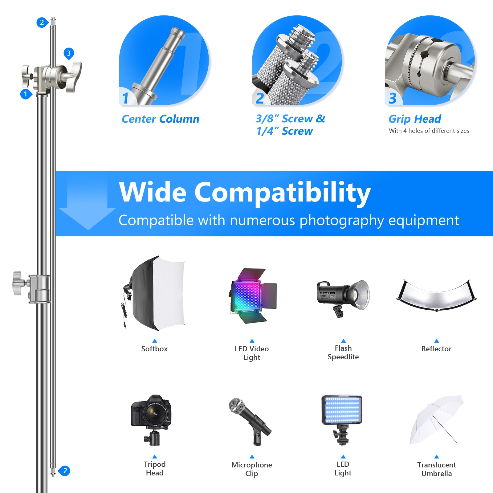 Wide Compatibility of the NEEWER SC320 320cm Stainless Steel C Stand