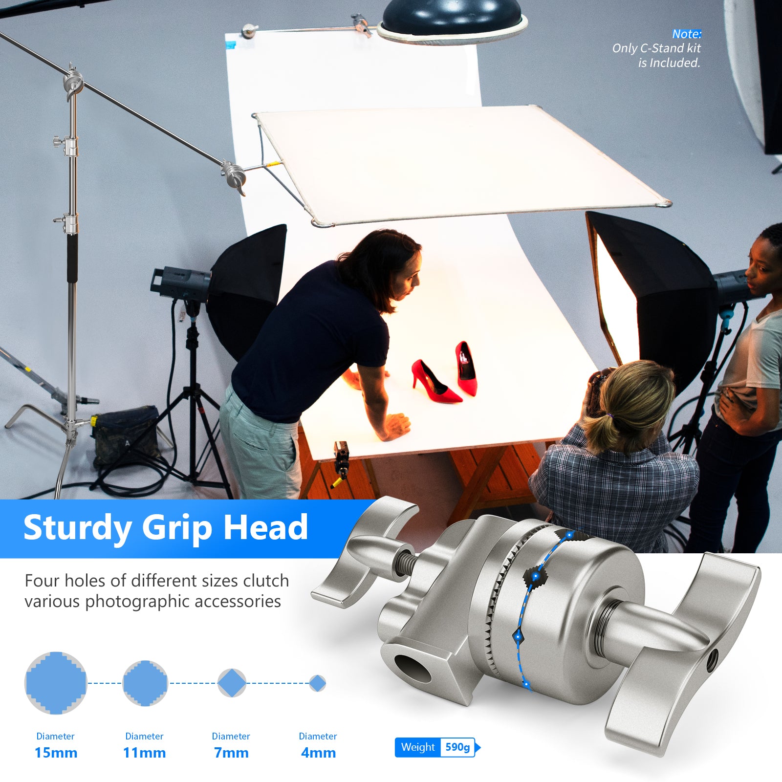 NEEWER SC320 320cm Stainless Steel C Stand comes with a metal grip heads.