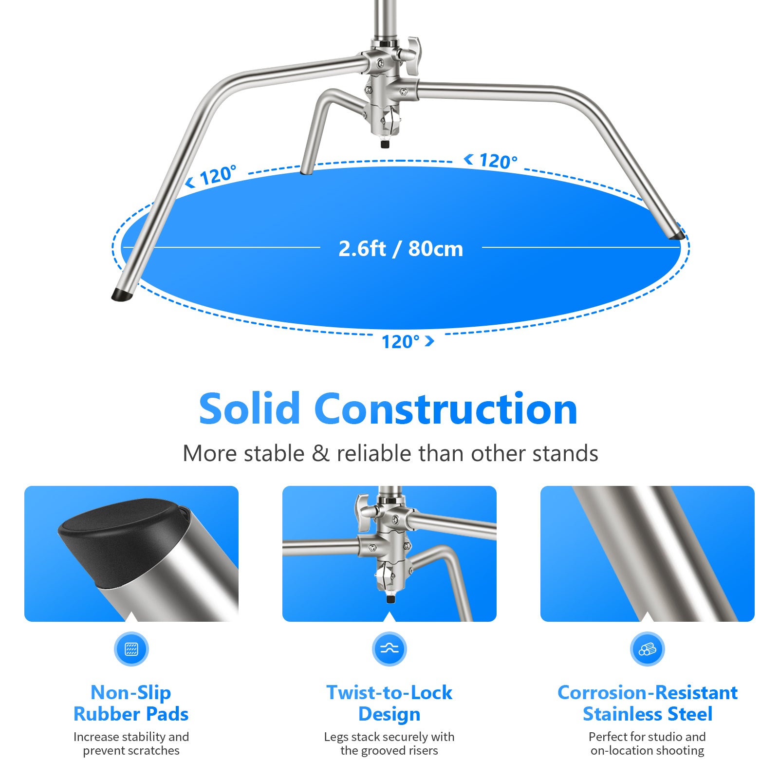 NEEWER SC320 320cm Stainless Steel C Stand with Boom Arm is more stable than other stands.