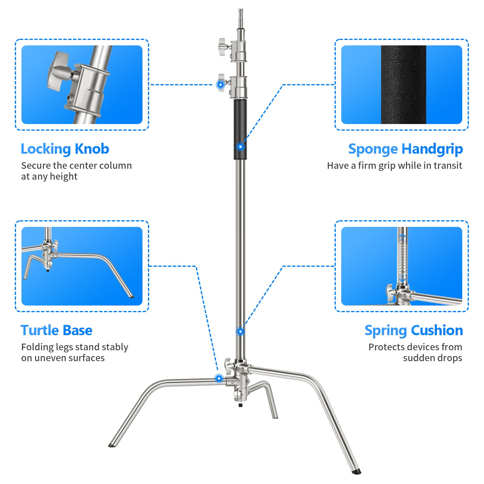 NEEWER SC320 320cm Stainless Steel C Stand features the foldable turtle base.