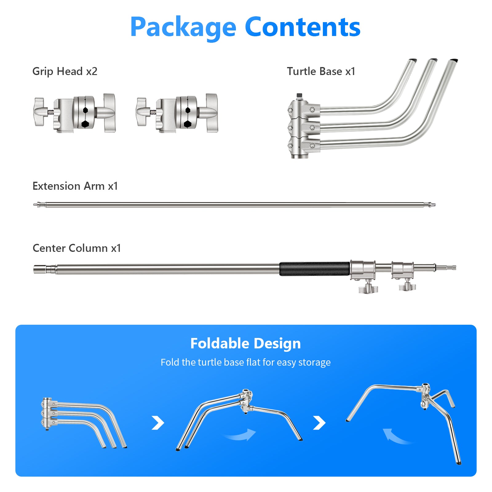 Package Contents of the NEEWER SC320 320cm Stainless Steel C Stand with Boom Arm