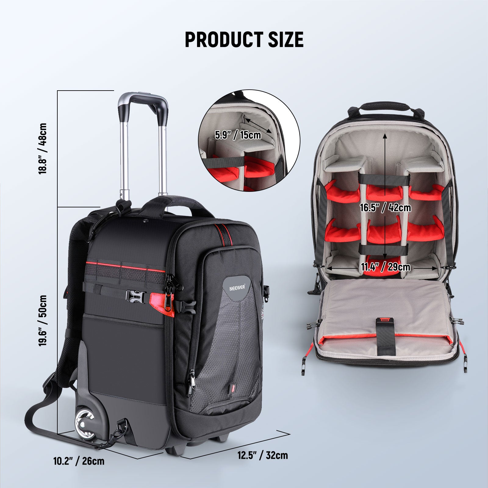 Product size of the NEEWER 2-in-1 Rolling Camera Case