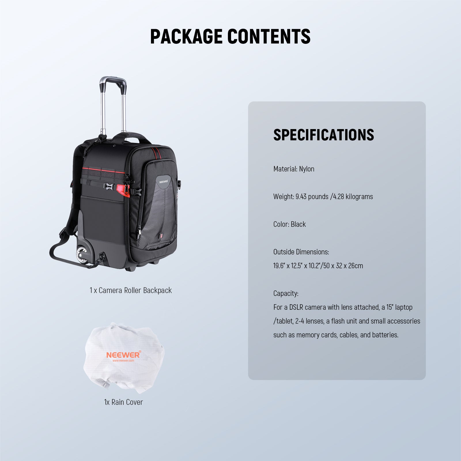 Package Contents of the NEEWER 2-in-1 Rolling Camera Case