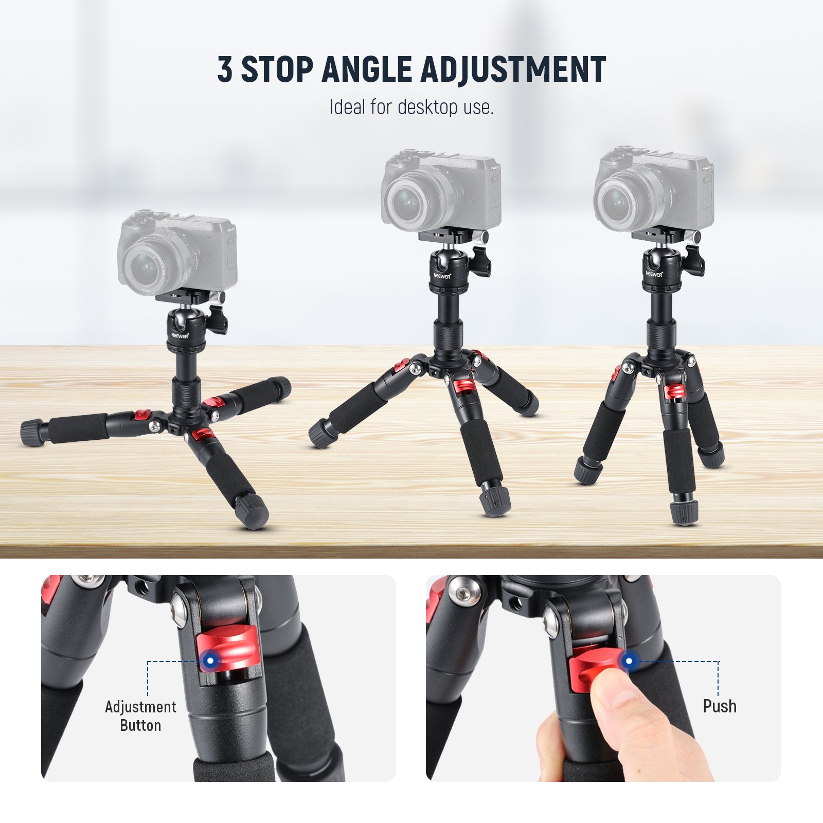 3 stop angle adjustment of the NEEWER M521 Aluminum Alloy Mini Tripod