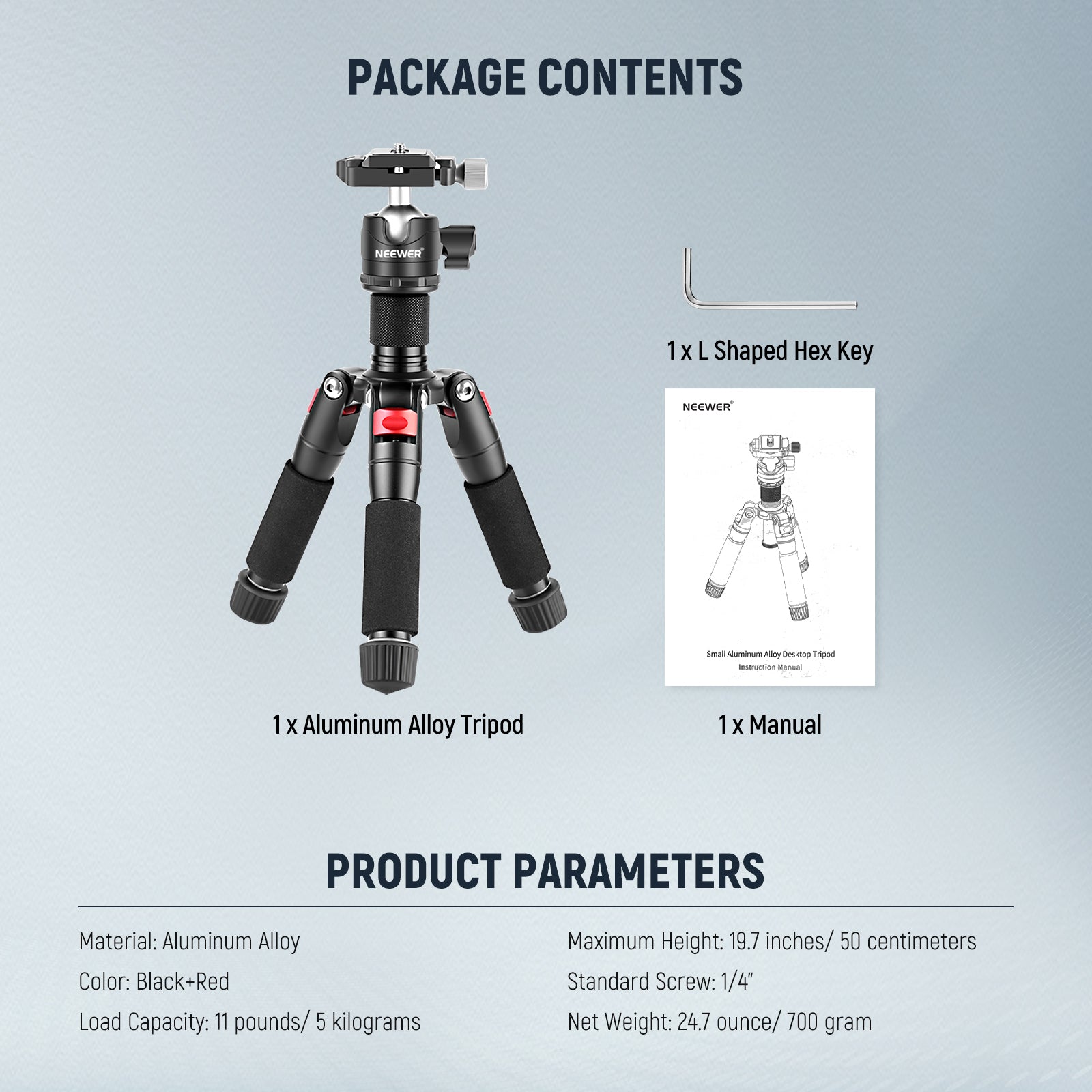 Package Contents of the NEEWER M521 Aluminum Alloy Mini Tripod