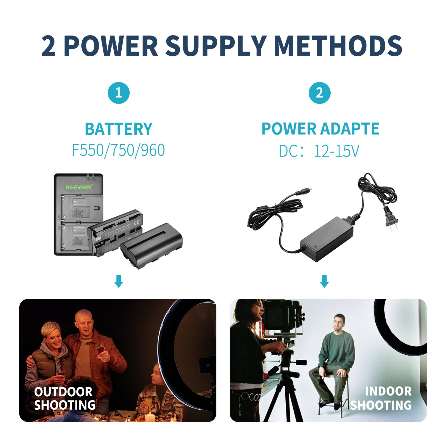 NEEWER RP20-B 20" Bi-color Ring Light supports two power supply methods.