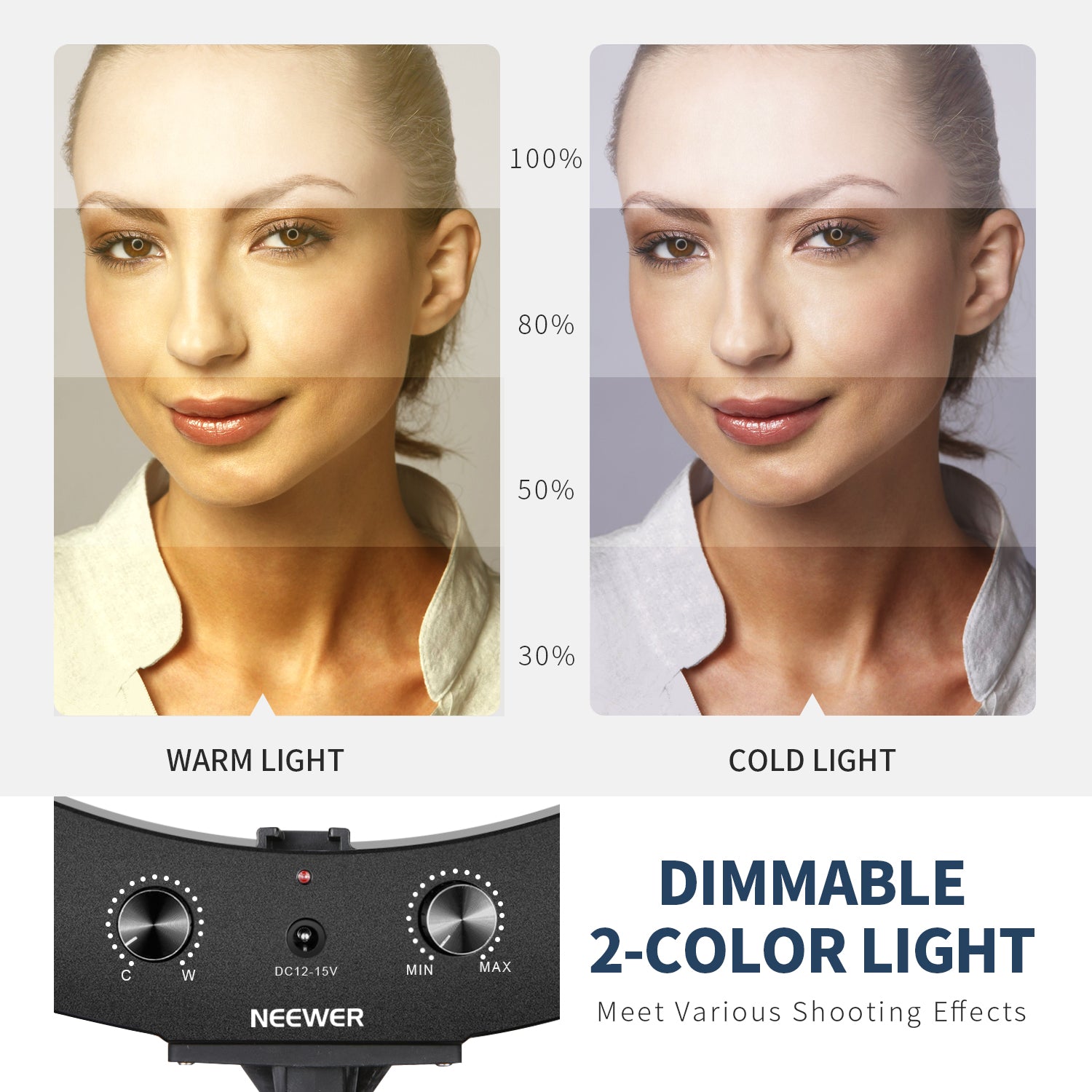 NEEWER RP20-B 20" Bi-color Ring Light features dimmable 2-color light.