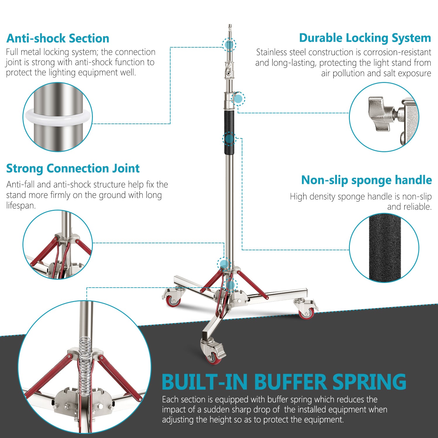 Product detail of the NEEWER SC305W Heavy Duty Rolling Light Stand