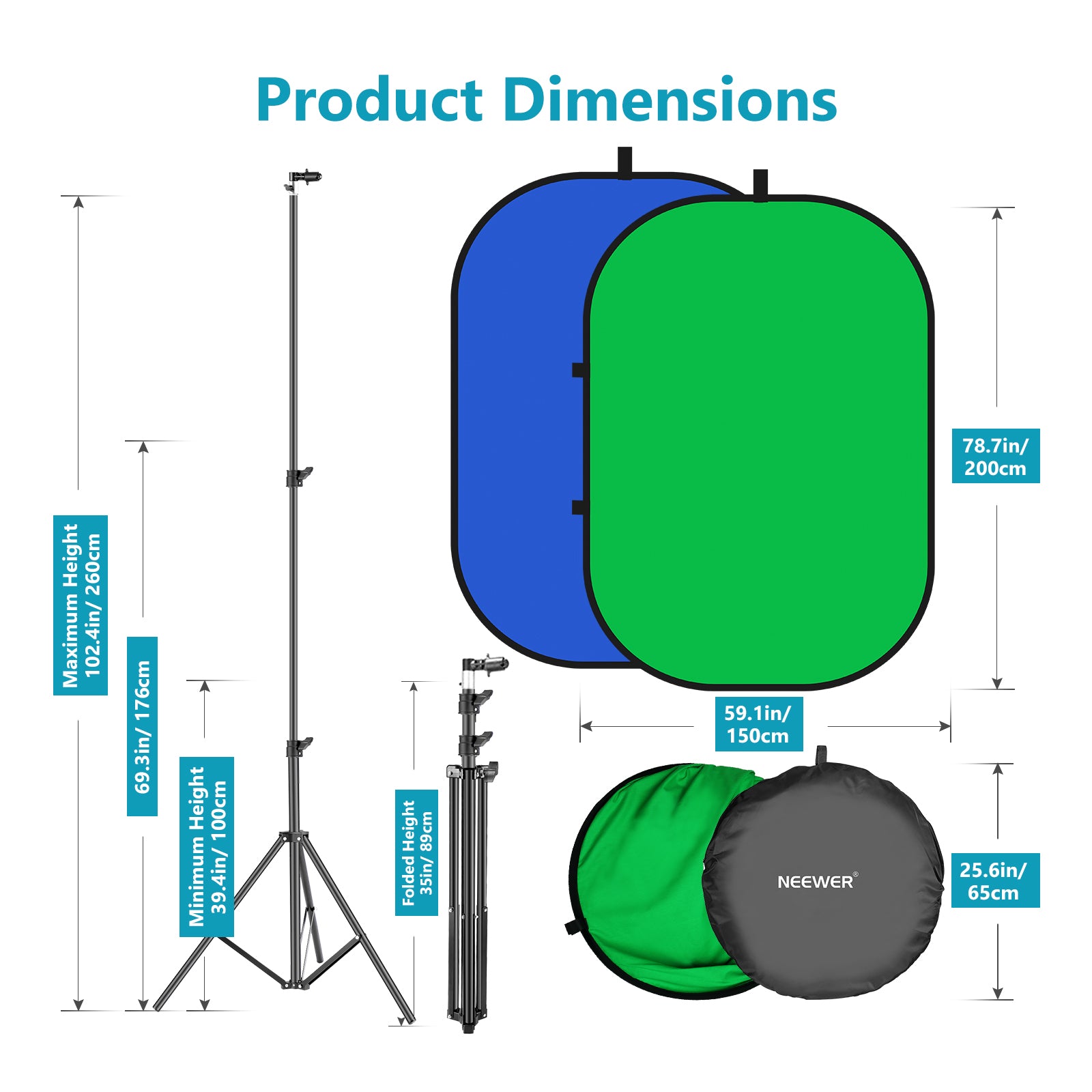 Product dimensions of the NEEWER 1.5x2M 2-in-1 Backdrop with stand