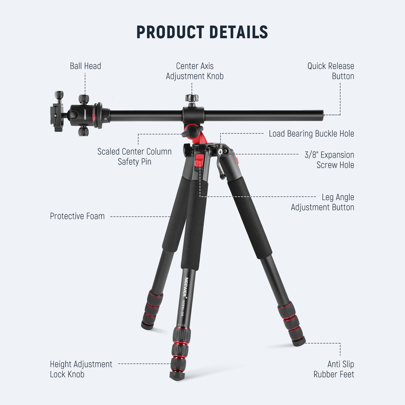 Product details of the NEEWER N284L+G0 Camera Tripod Monopod