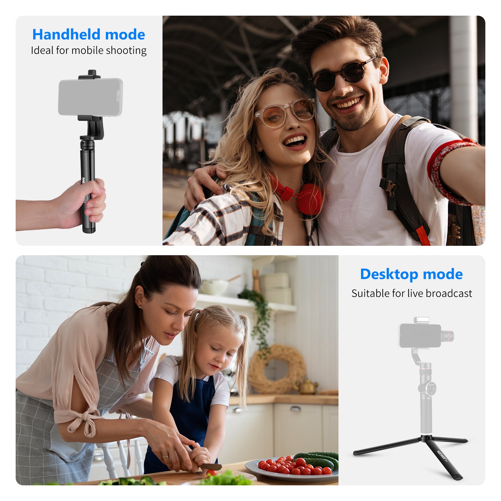NEEWER Compact Tabletop Tripod can be used as a small selfie stick.