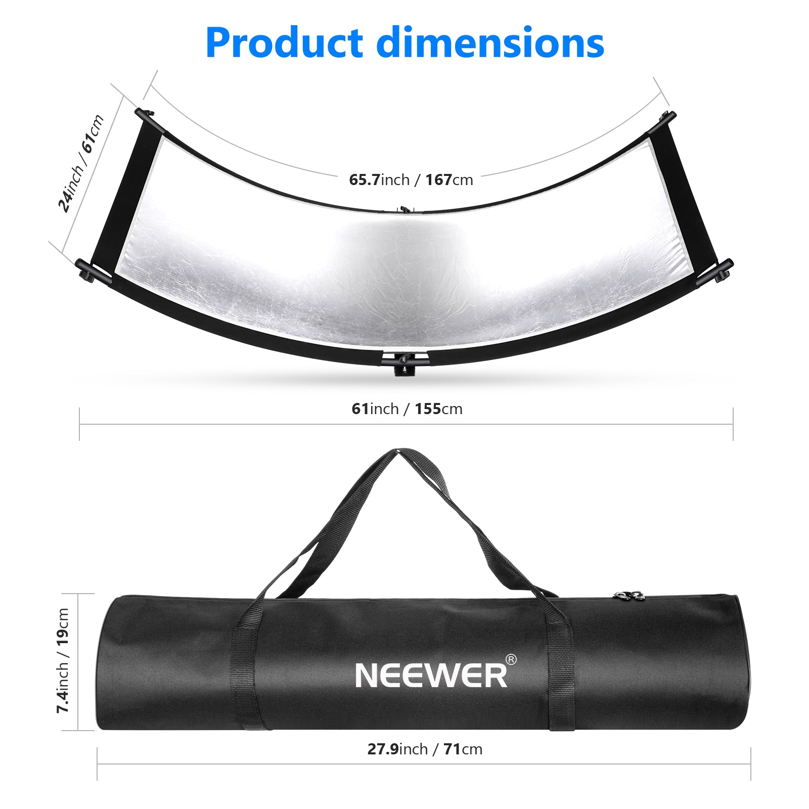 Product dimensions of the NEEWER Clamshell Photography Reflector