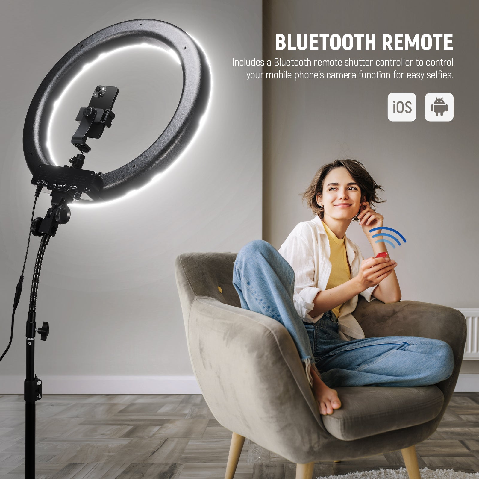 NEEWER RL-18 18 Inch LED Ring Light Kit can be controlled by the NEEWER APP.