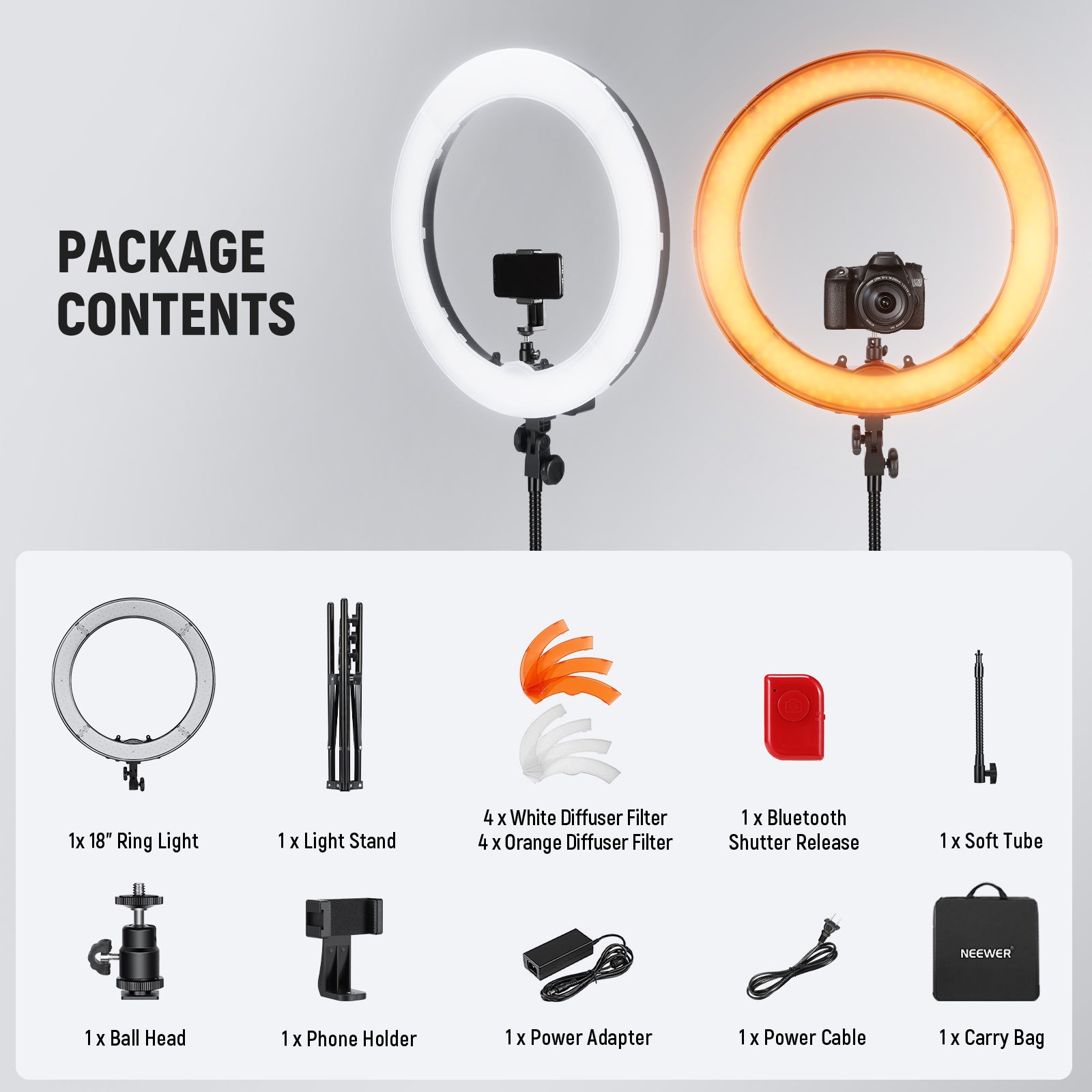 Package Contents of the NEEWER RL-18 18 Inch LED Ring Light Kit