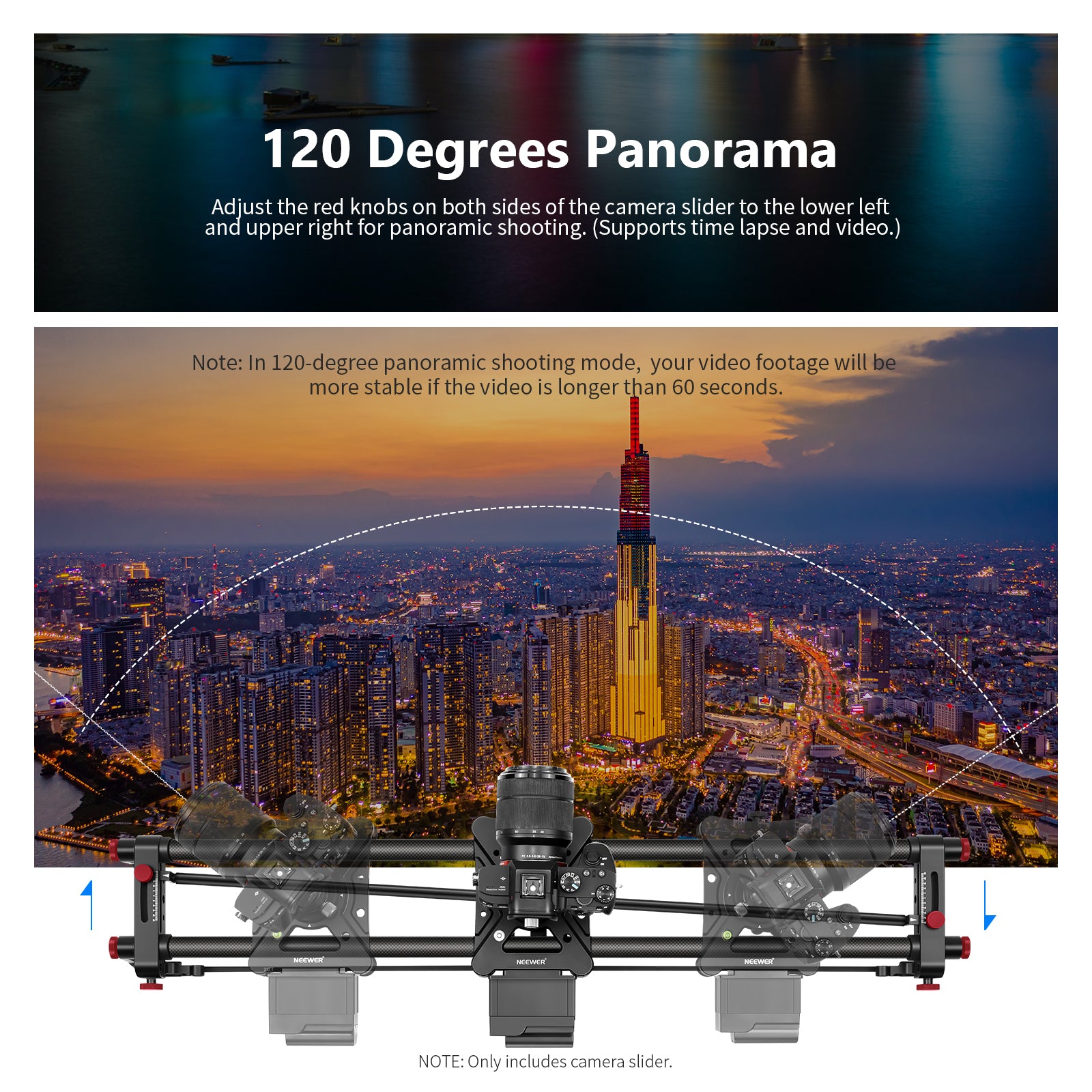 NEEWER ER1 Motorized Videography Slider features the 120 degrees panorama shooting mode.
