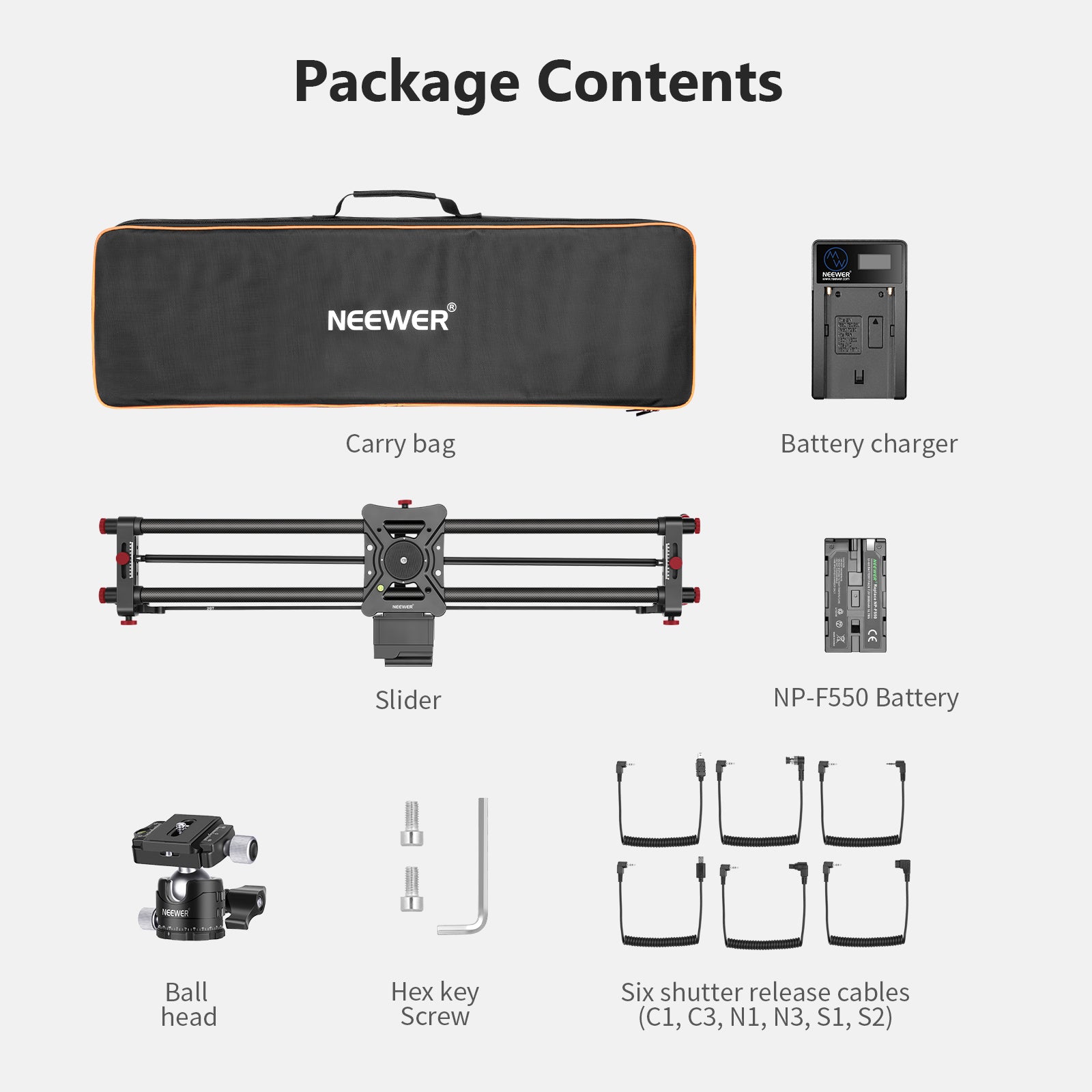 Package contents of the NEEWER ER1-80 Motorized Videography Slider