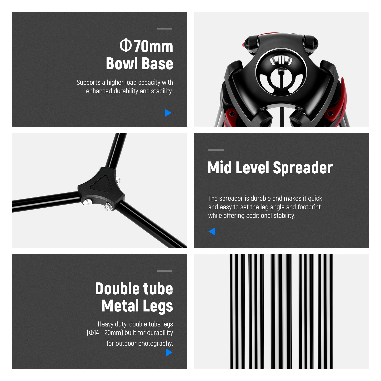 NEEWER DS801 Heavy Duty Tripod features double tube metal legs.