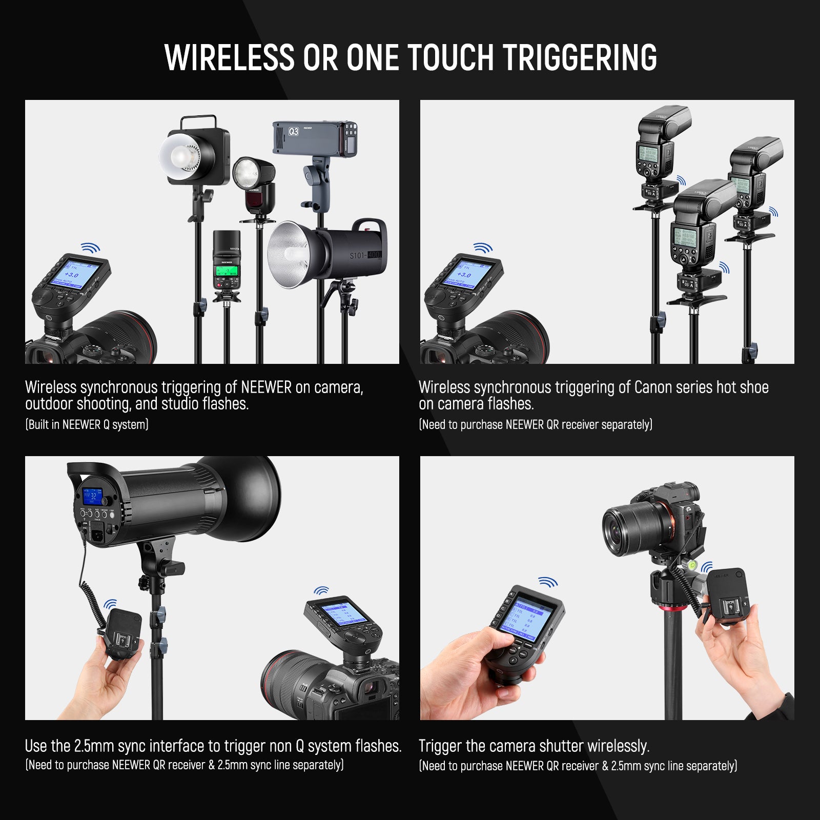 NEEWER QPRO-C TTL Wireless Trigger for Canon features 5 groups and 32 channels for easy connection.