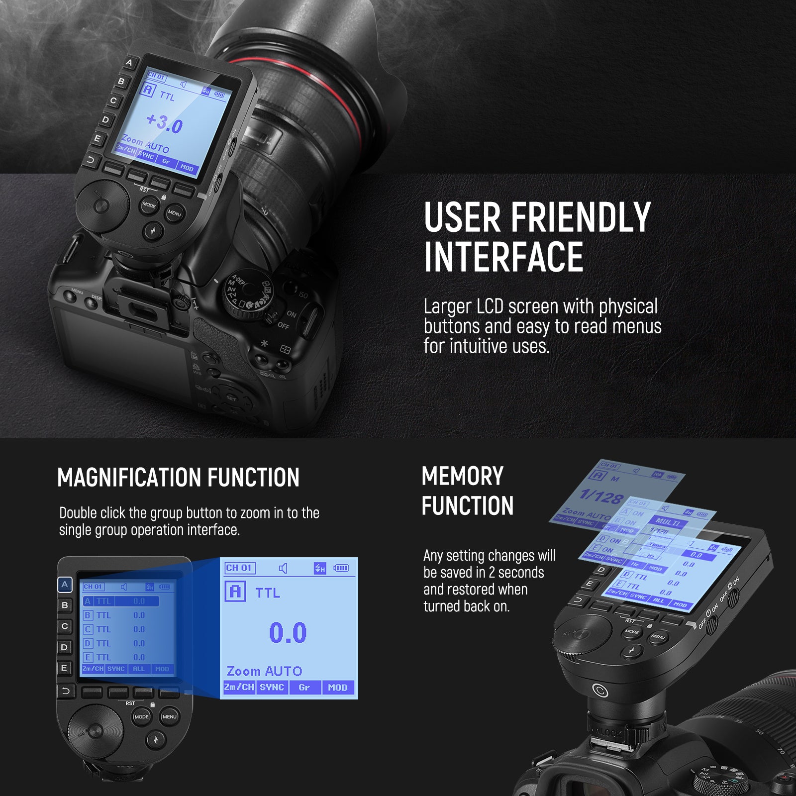 NEEWER QPRO-C TTL Wireless Trigger for Canon features larger LCD screen with physical buttons.