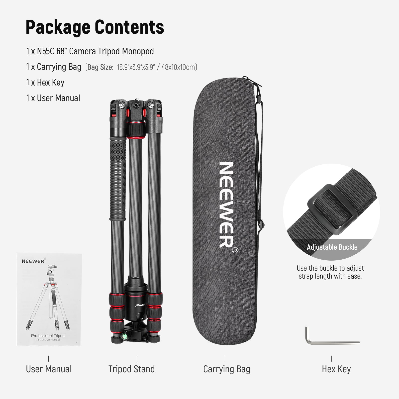 Package Contents of the NEEWER N55C Carbon Fiber Tripod