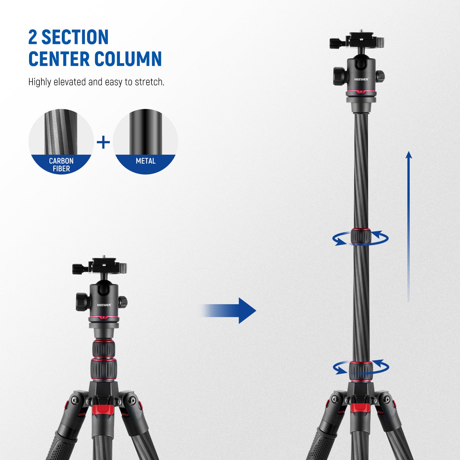 NEEWER N55CR Carbon Fiber Tripod features a 2 section center column.