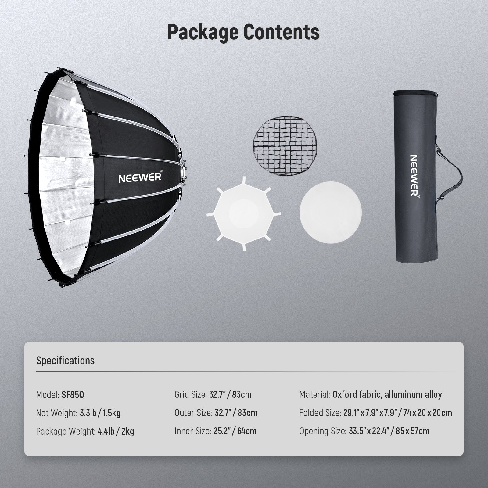 Package Contents of the NEEWER SF85Q Parabolic Softbox