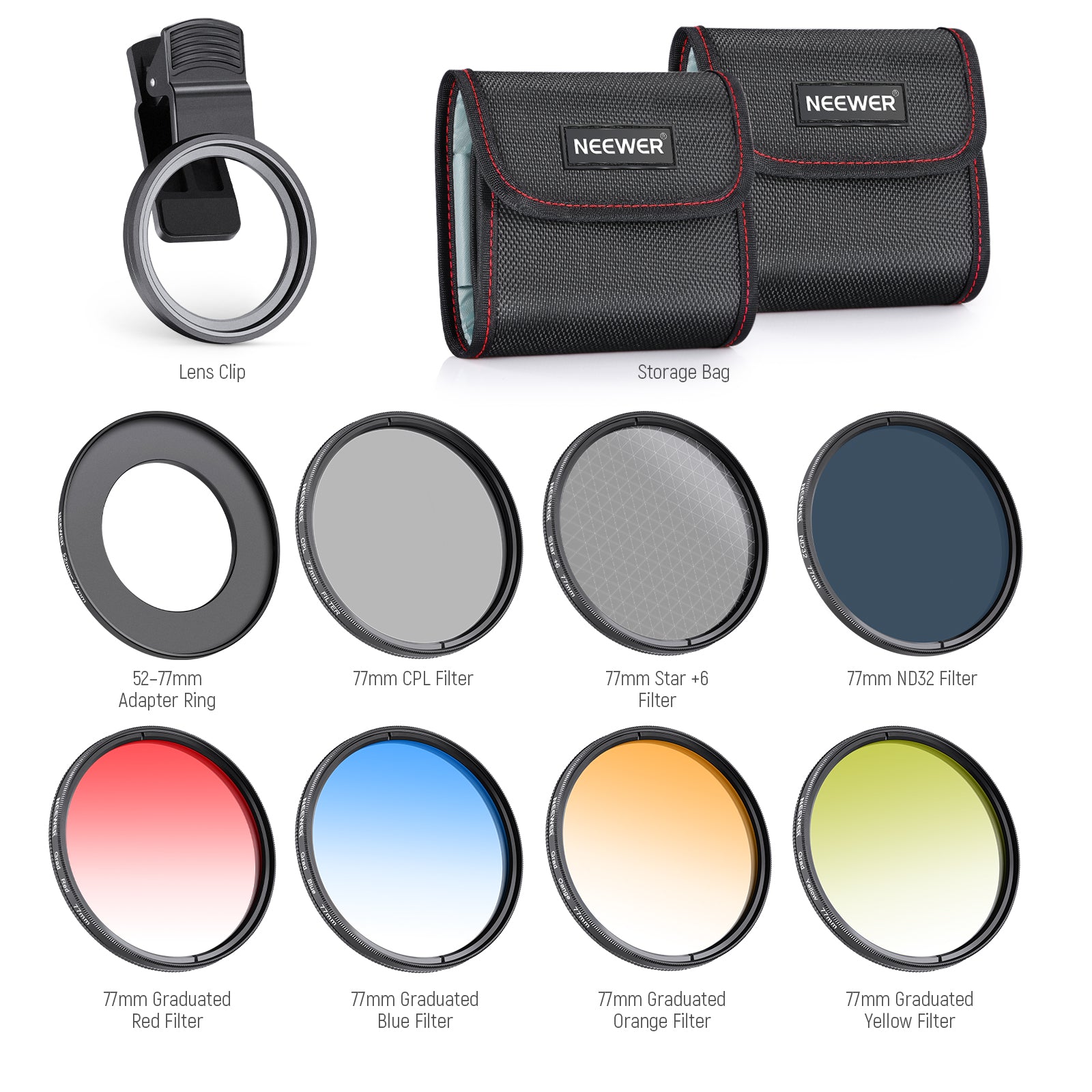 Package Contents of the NEEWER 77mm Lens Filters Kit for Phone & Camera