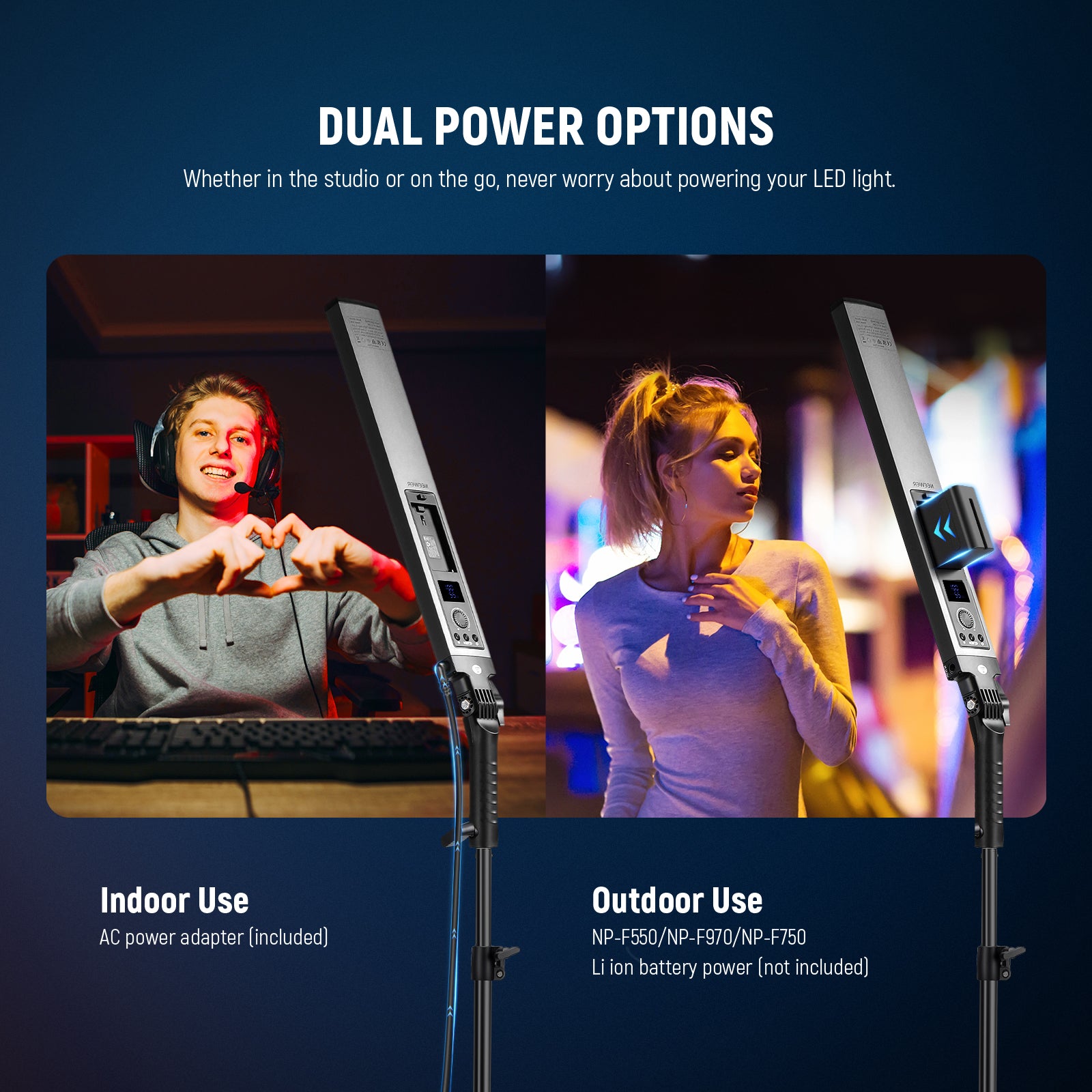 NEEWER BH20B Upgraded 21W LED Light Stick offers dual power options.