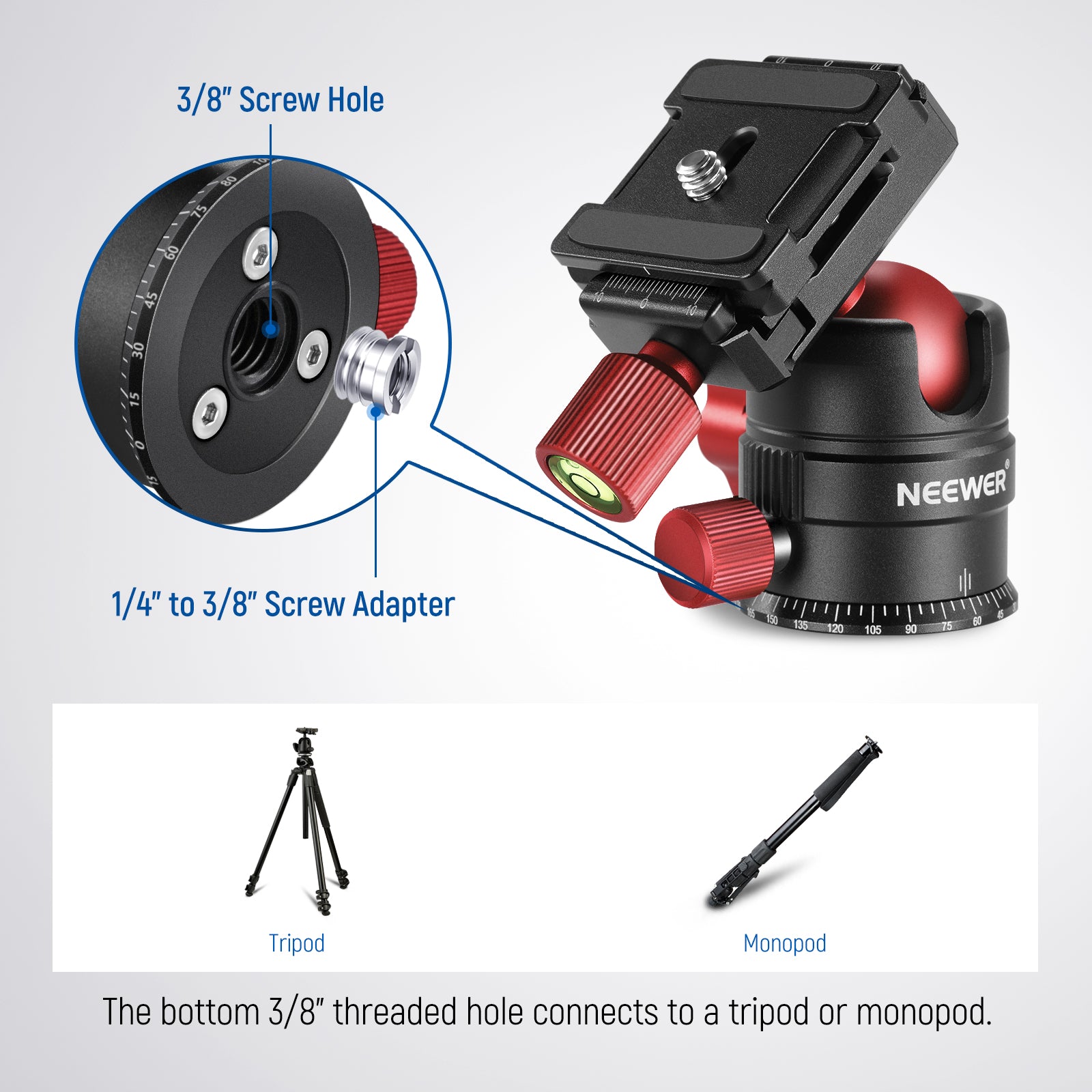a 3/8" screw hole on the bottom for mounting on a tripod or monopod