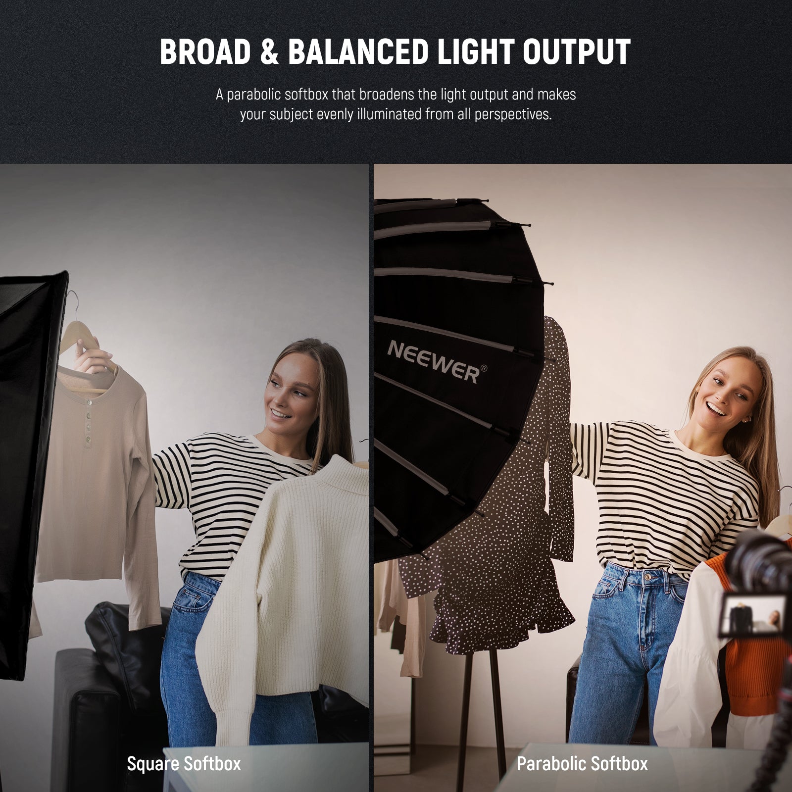 NEEWER SF65Q Parabolic Softbox makes your subject evenly illuminated from all perspectives.